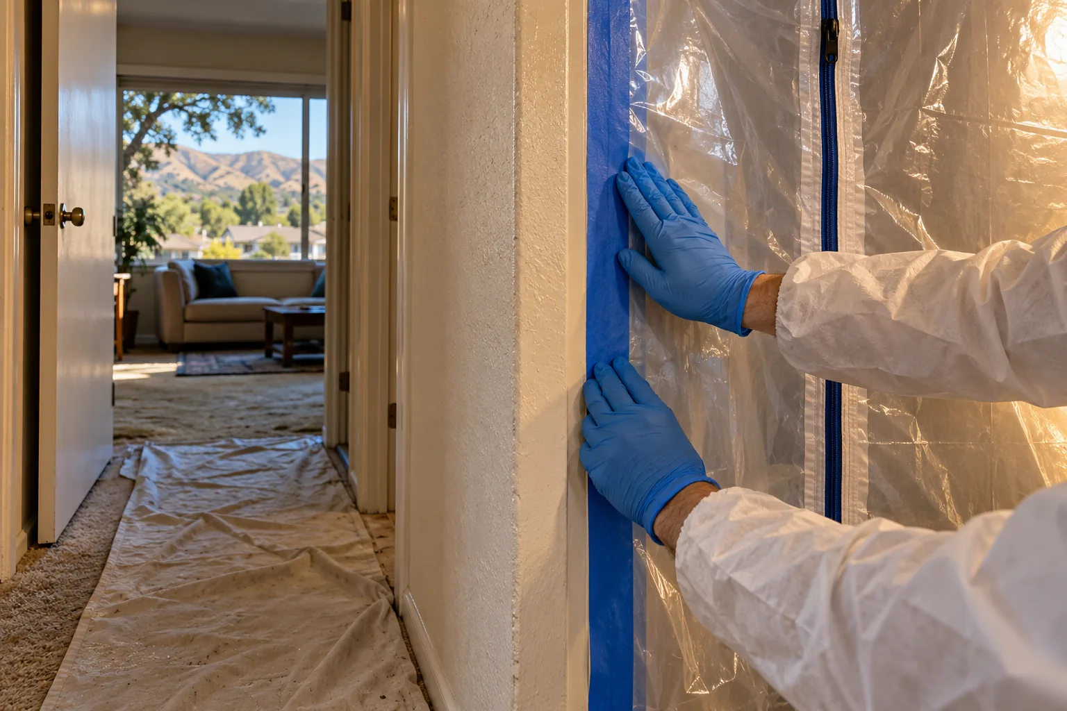 Gloved hands taping a plastic containment wall with a zipper door for mold remediation in a Thousand Oaks home