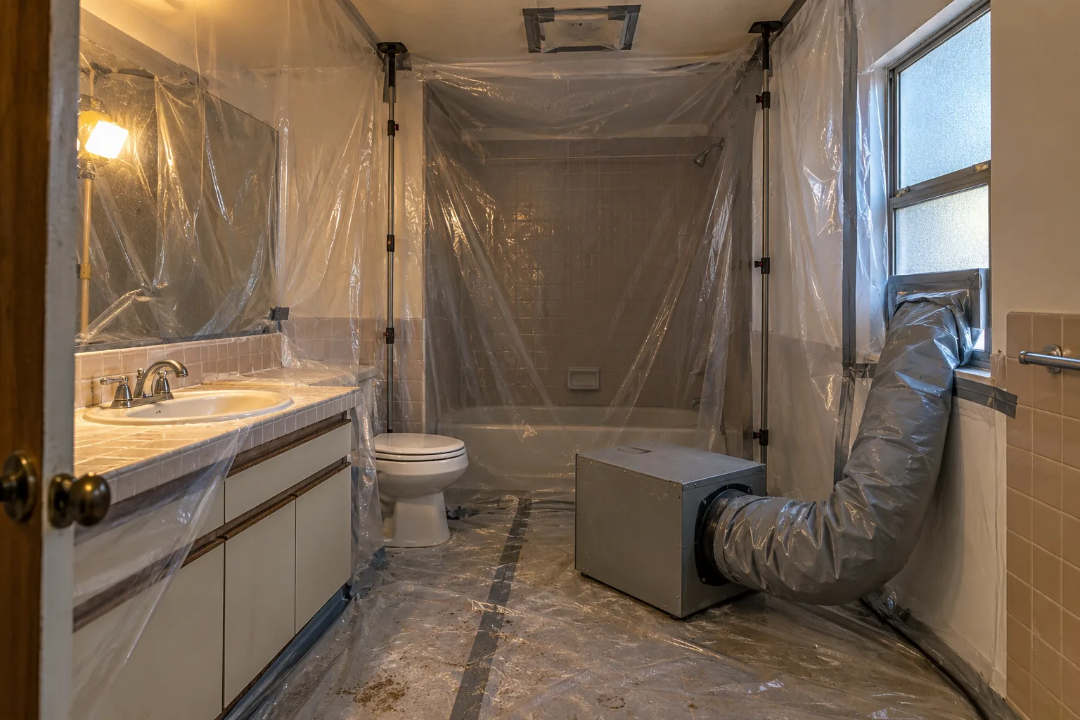 Bathroom sealed in plastic sheeting with a duct running from a HEPA negative air machine to a window