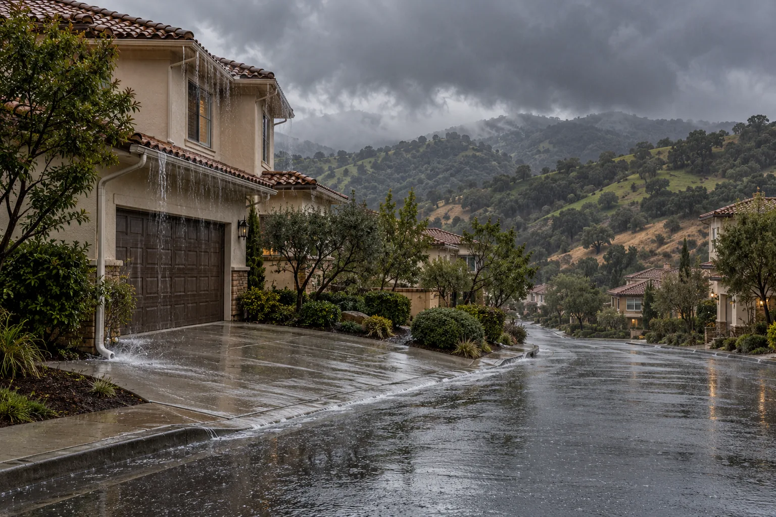 Winter storm rain on a Thousand Oaks hillside street with wet pavement, overflowing gutters and green hills