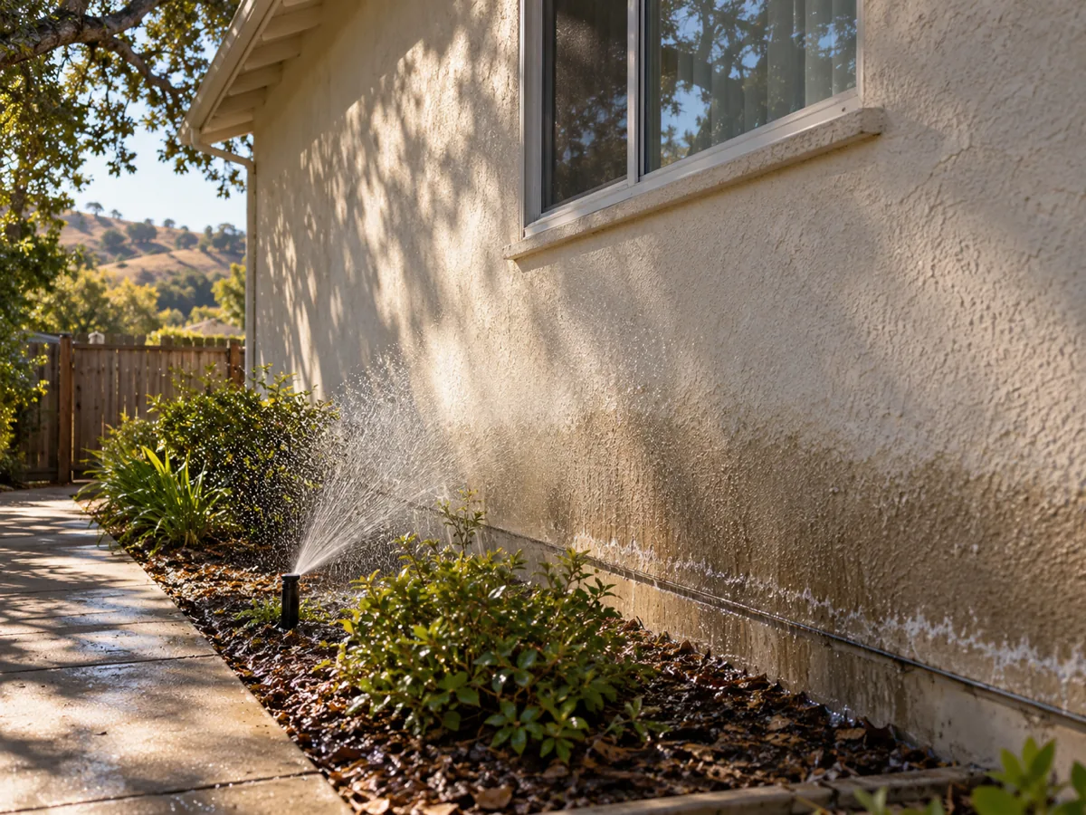 Sprinkler overspray darkening the stucco base and weep screed of a 1970s ranch house in Thousand Oaks