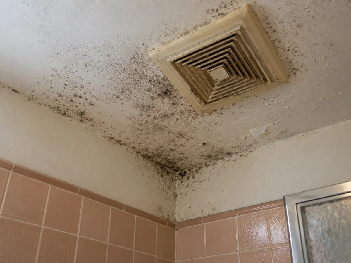 Speckled mold on a bathroom ceiling above a shower next to an exhaust fan grille with peeling paint