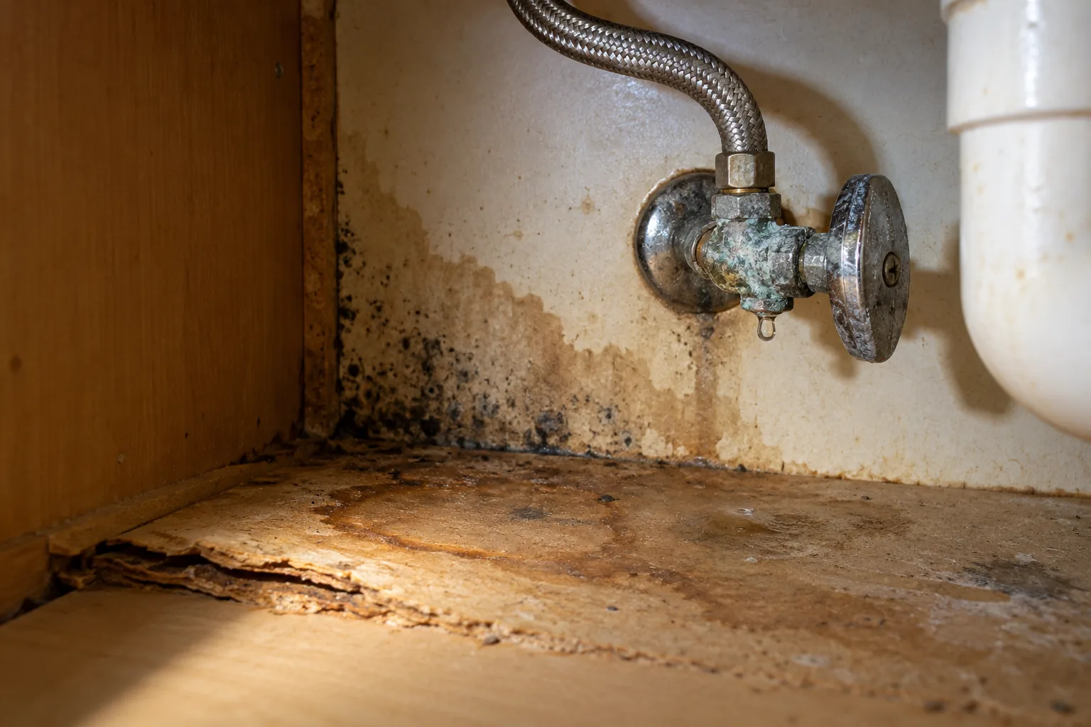 Corroded angle stop and supply line under a bathroom vanity with water stains and mold on the cabinet floor